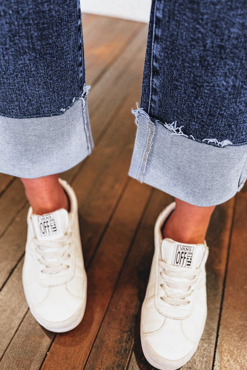 High Waist Distressed Straight Leg Deep Cuff Jeans